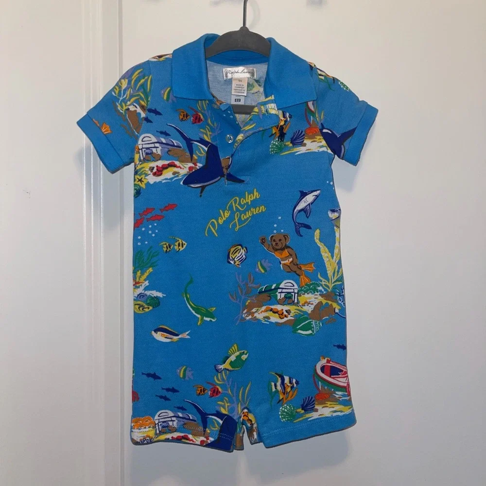 Ralph Lauren Polo Bear Cotton Mesh Shortall Baby Boy | 9 Months